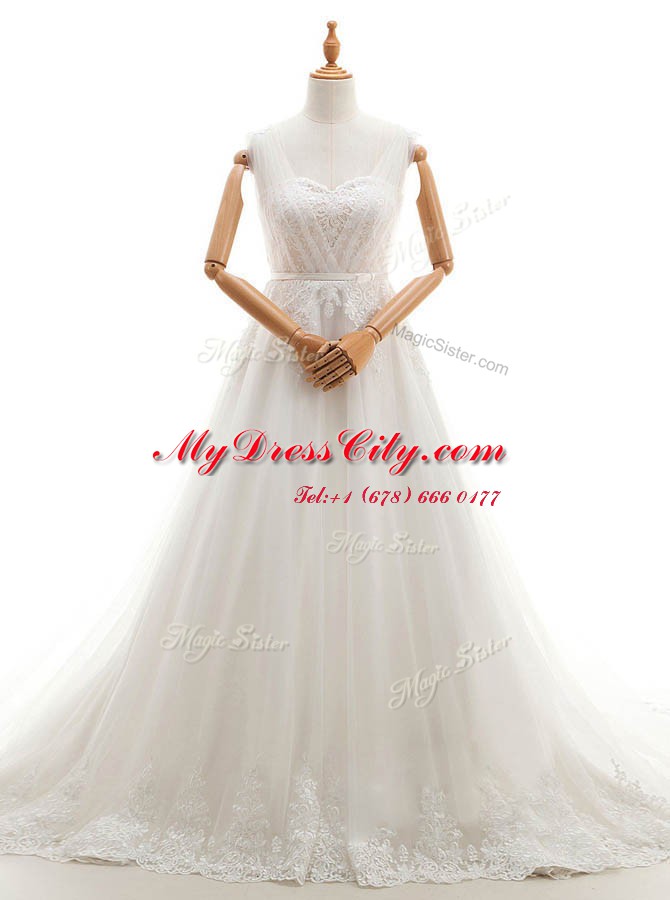 White Sleeveless Court Train Appliques With Train Bridal Gown