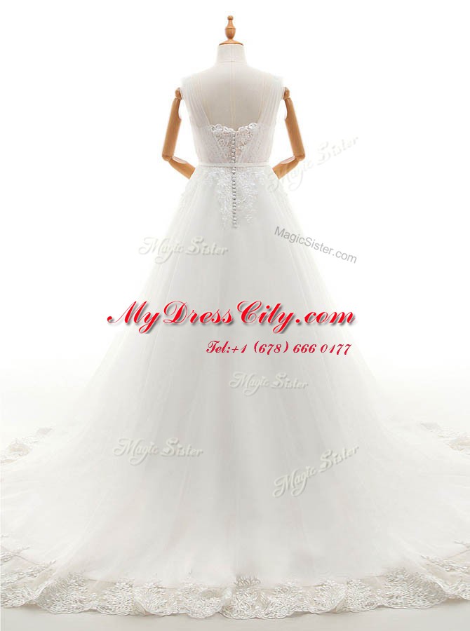 White Sleeveless Court Train Appliques With Train Bridal Gown