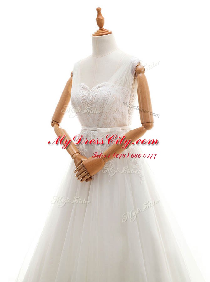 White Sleeveless Court Train Appliques With Train Bridal Gown