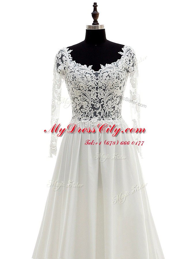 Fitting Scoop White Long Sleeves Brush Train Lace With Train Bridal Gown