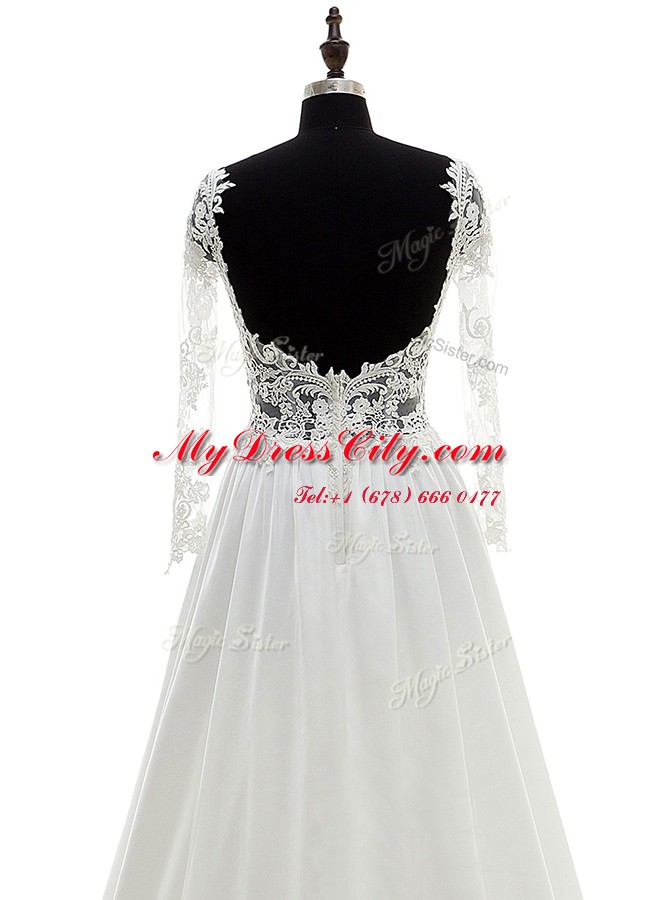 Fitting Scoop White Long Sleeves Brush Train Lace With Train Bridal Gown