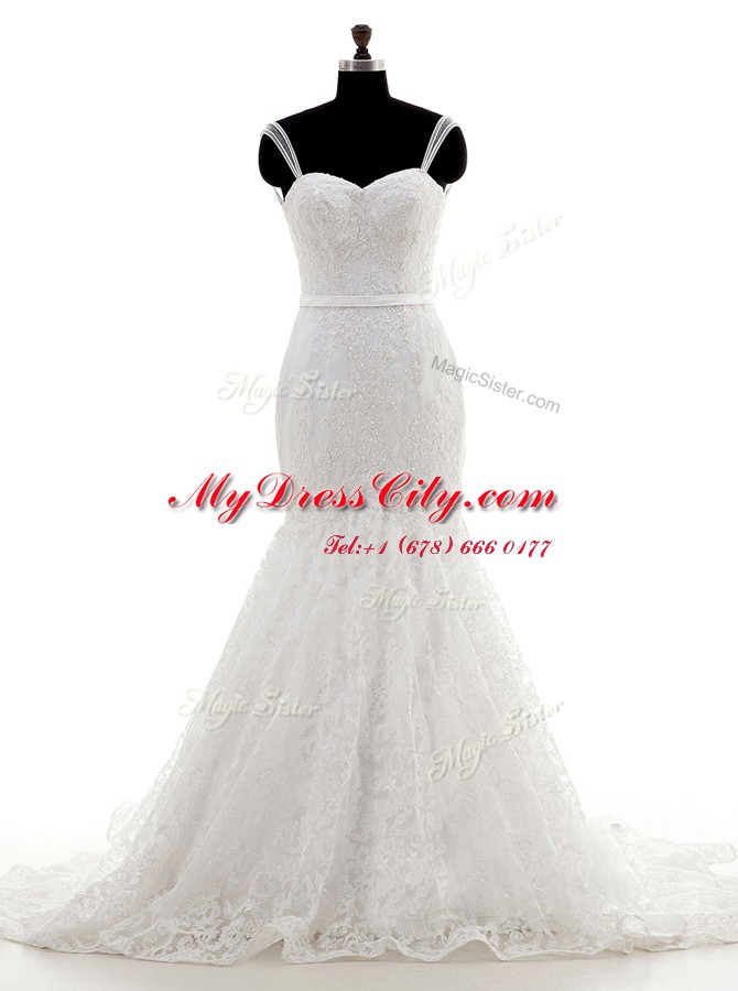 Superior Mermaid White Sleeveless Brush Train Lace With Train Wedding Gown