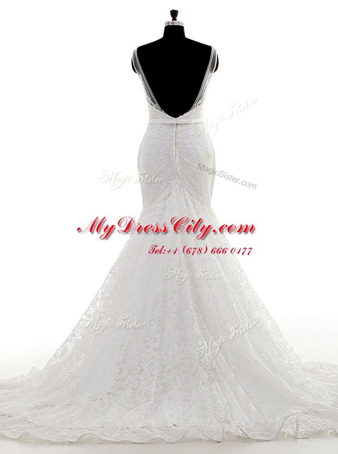 Superior Mermaid White Sleeveless Brush Train Lace With Train Wedding Gown