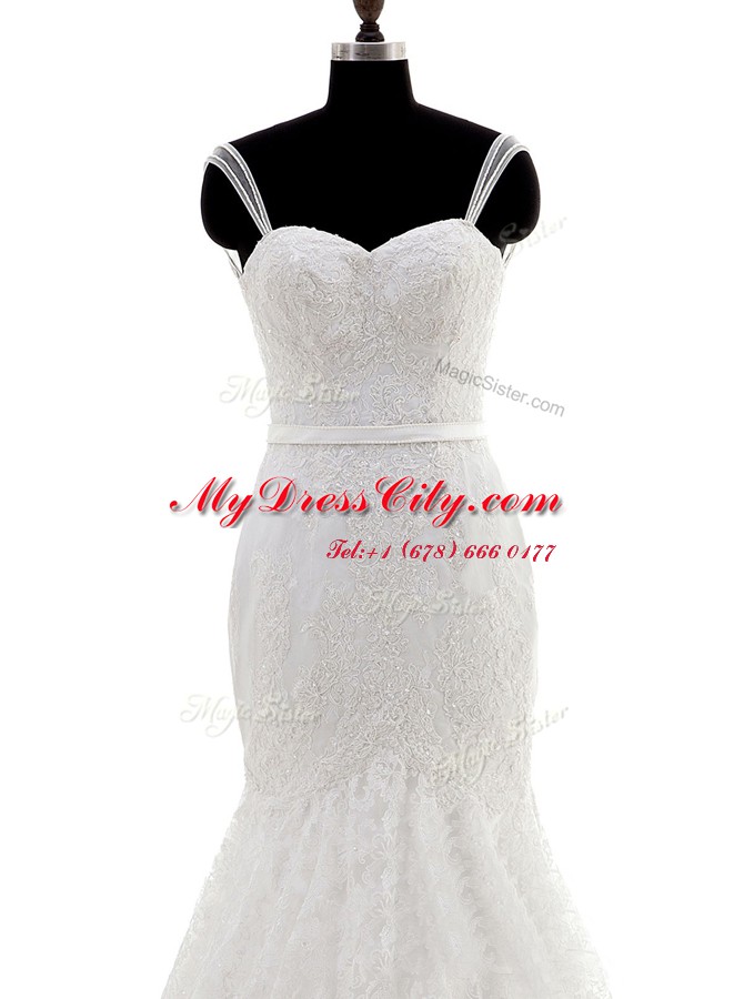 Superior Mermaid White Sleeveless Brush Train Lace With Train Wedding Gown