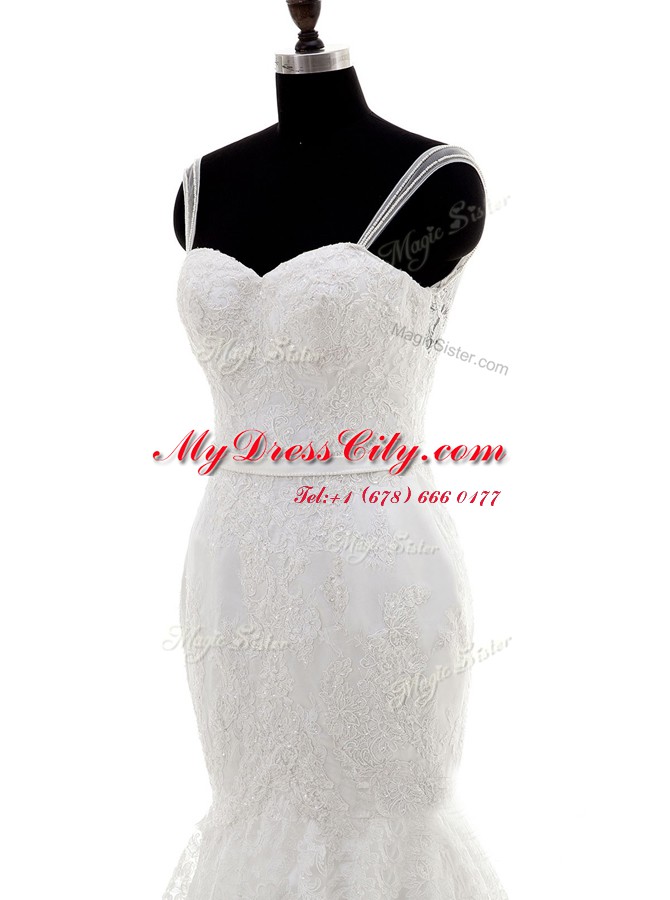 Superior Mermaid White Sleeveless Brush Train Lace With Train Wedding Gown