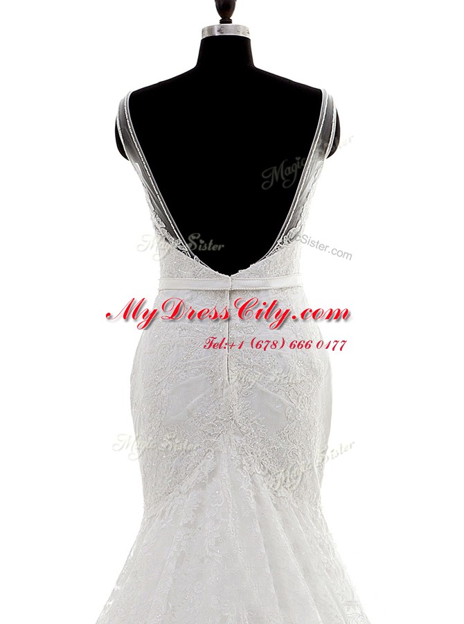 Superior Mermaid White Sleeveless Brush Train Lace With Train Wedding Gown