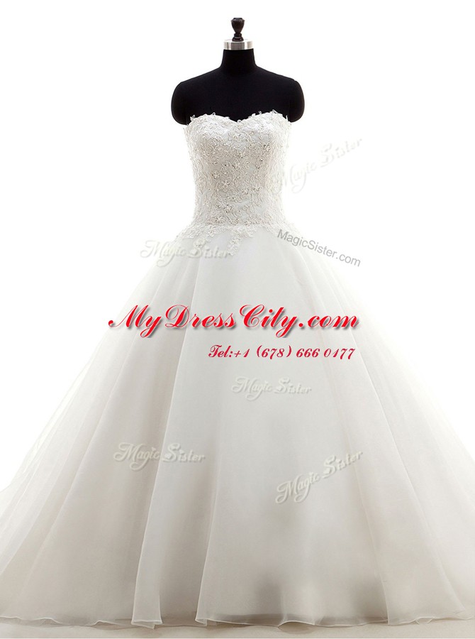 Admirable Brush Train Ball Gowns Wedding Gown White Sweetheart Organza Sleeveless With Train Clasp Handle