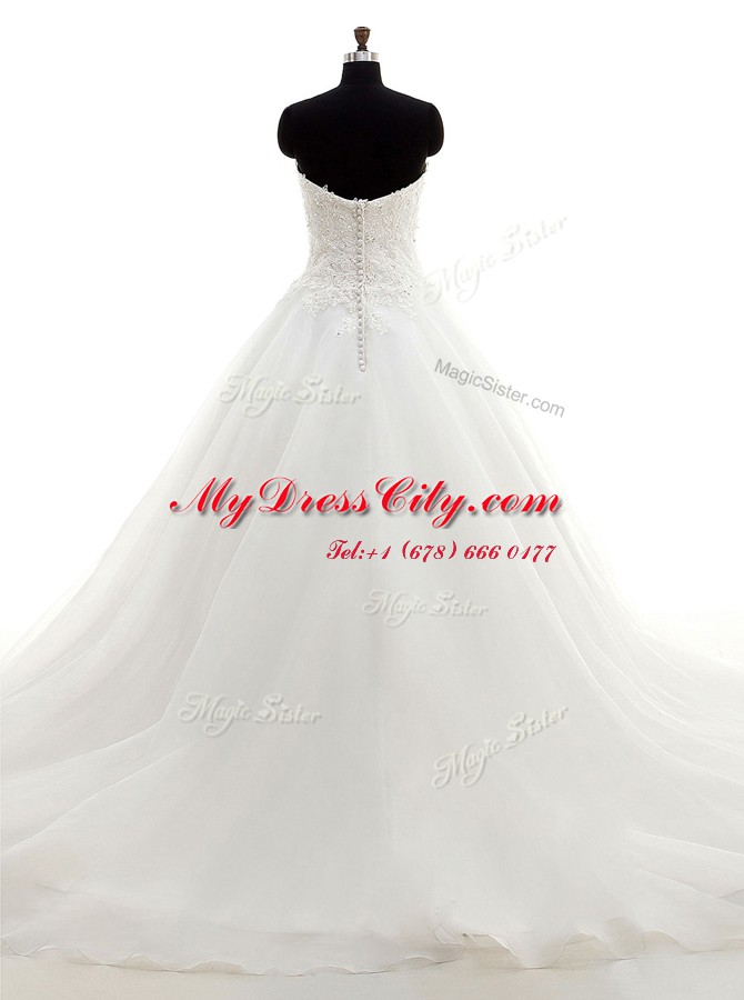 Admirable Brush Train Ball Gowns Wedding Gown White Sweetheart Organza Sleeveless With Train Clasp Handle