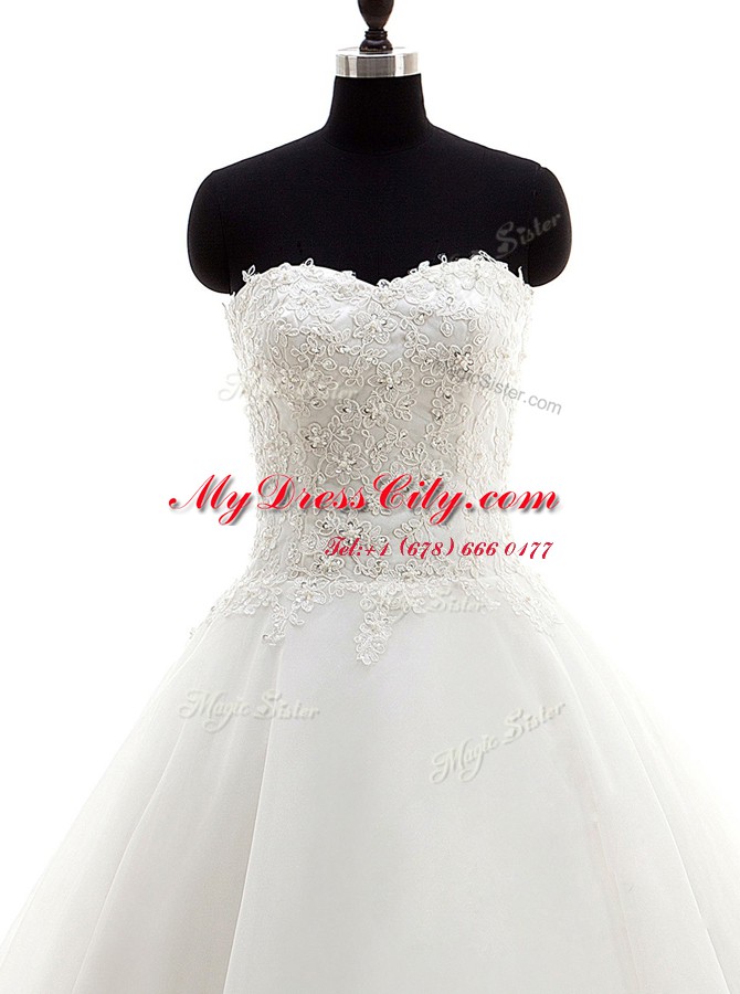 Admirable Brush Train Ball Gowns Wedding Gown White Sweetheart Organza Sleeveless With Train Clasp Handle