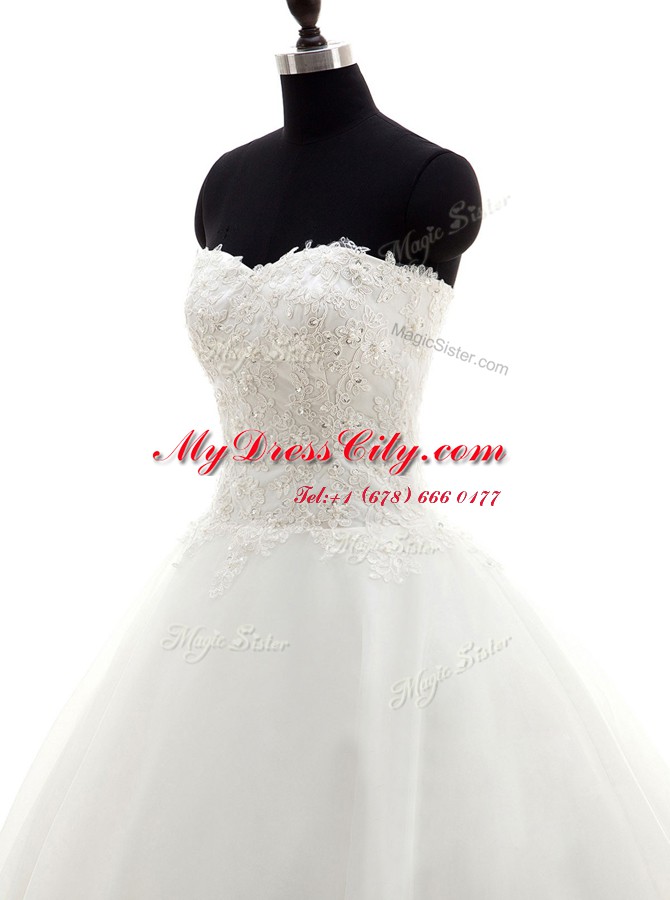 Admirable Brush Train Ball Gowns Wedding Gown White Sweetheart Organza Sleeveless With Train Clasp Handle