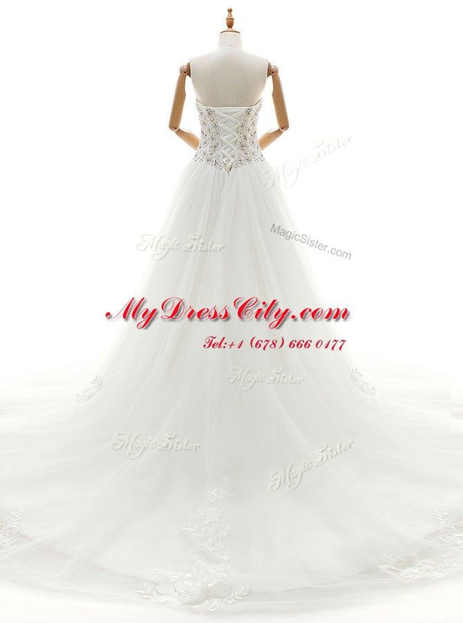 Fabulous White Wedding Dresses Wedding Party and For with Beading and Appliques Sweetheart Sleeveless Chapel Train Lace Up