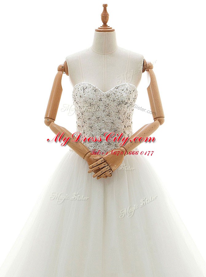 Fabulous White Wedding Dresses Wedding Party and For with Beading and Appliques Sweetheart Sleeveless Chapel Train Lace Up