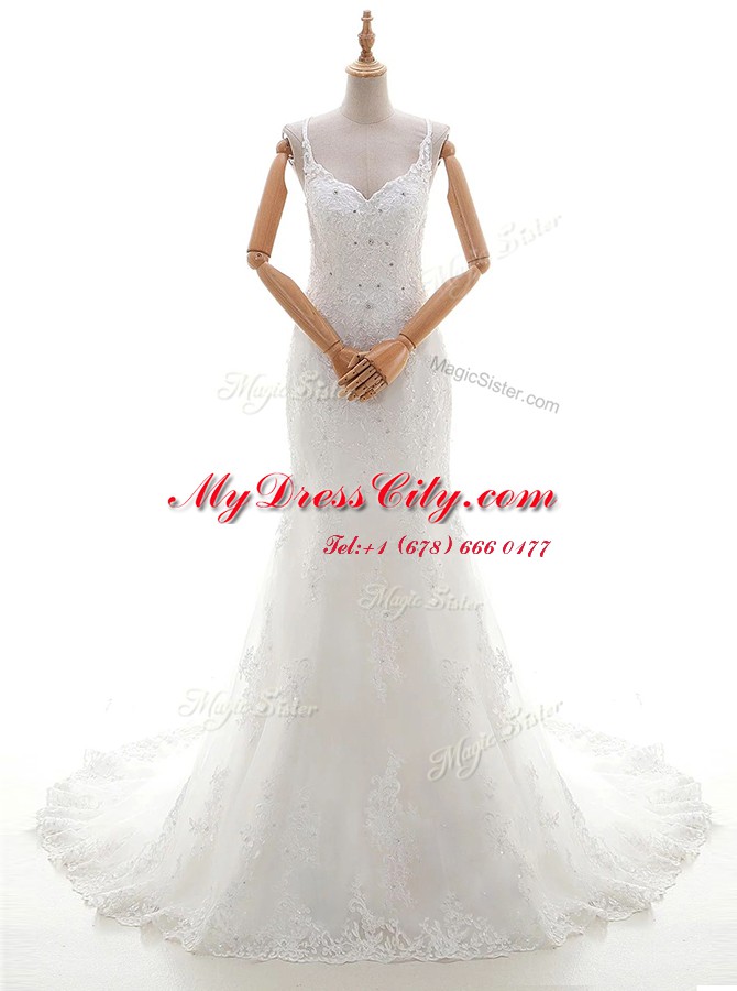 Comfortable White Sleeveless Brush Train Beading and Lace and Appliques With Train Bridal Gown