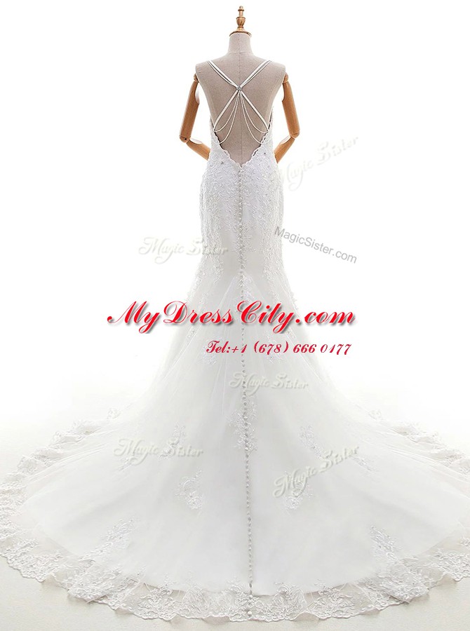 Comfortable White Sleeveless Brush Train Beading and Lace and Appliques With Train Bridal Gown