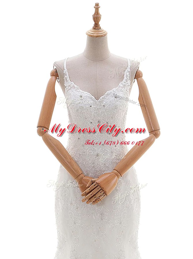 Comfortable White Sleeveless Brush Train Beading and Lace and Appliques With Train Bridal Gown