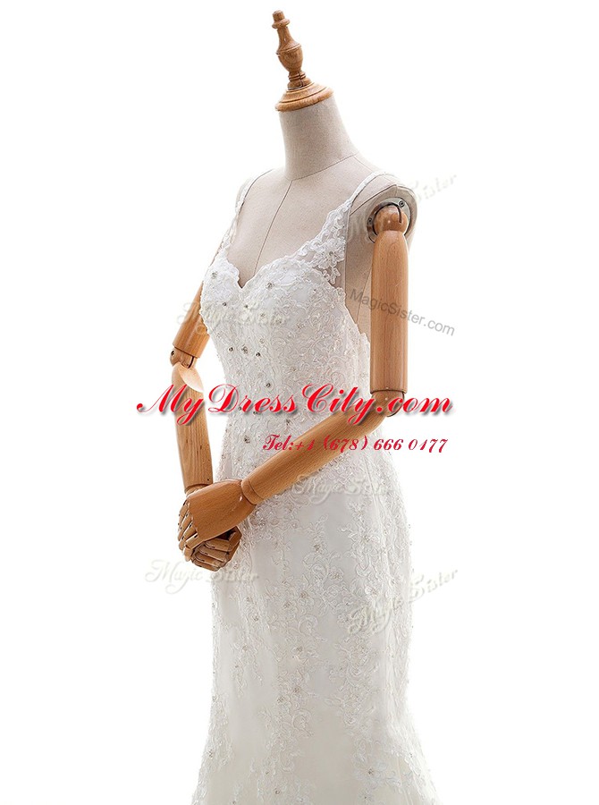 Comfortable White Sleeveless Brush Train Beading and Lace and Appliques With Train Bridal Gown