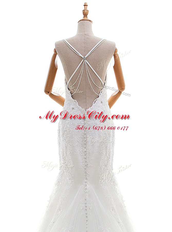 Comfortable White Sleeveless Brush Train Beading and Lace and Appliques With Train Bridal Gown