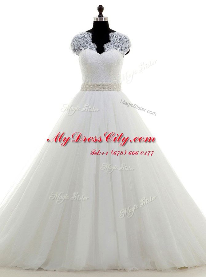 Dramatic White Clasp Handle Wedding Dress Beading and Lace Cap Sleeves With Brush Train