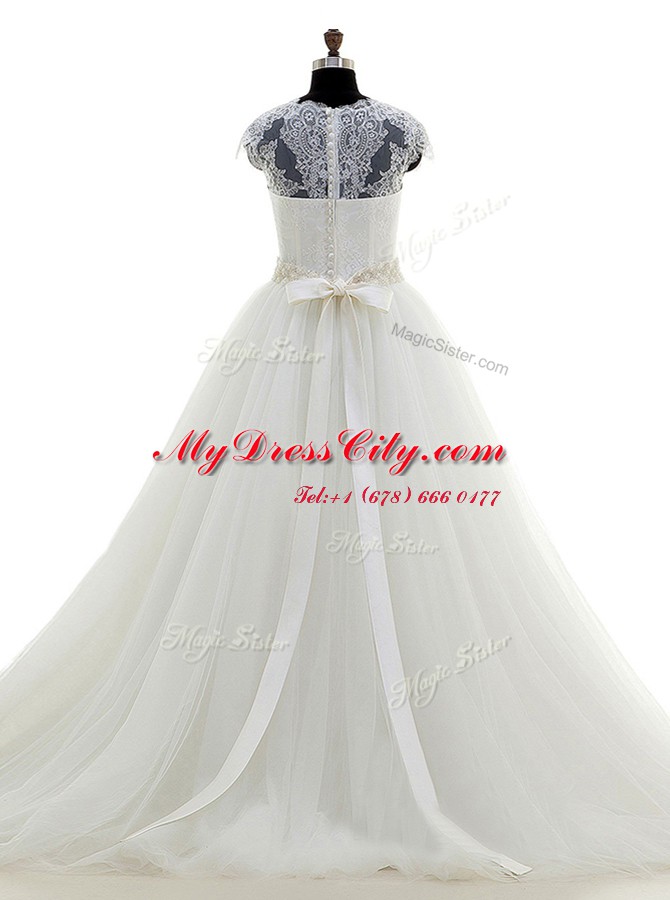 Dramatic White Clasp Handle Wedding Dress Beading and Lace Cap Sleeves With Brush Train