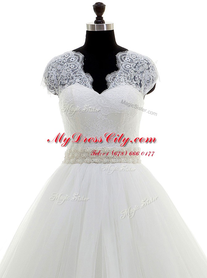 Dramatic White Clasp Handle Wedding Dress Beading and Lace Cap Sleeves With Brush Train