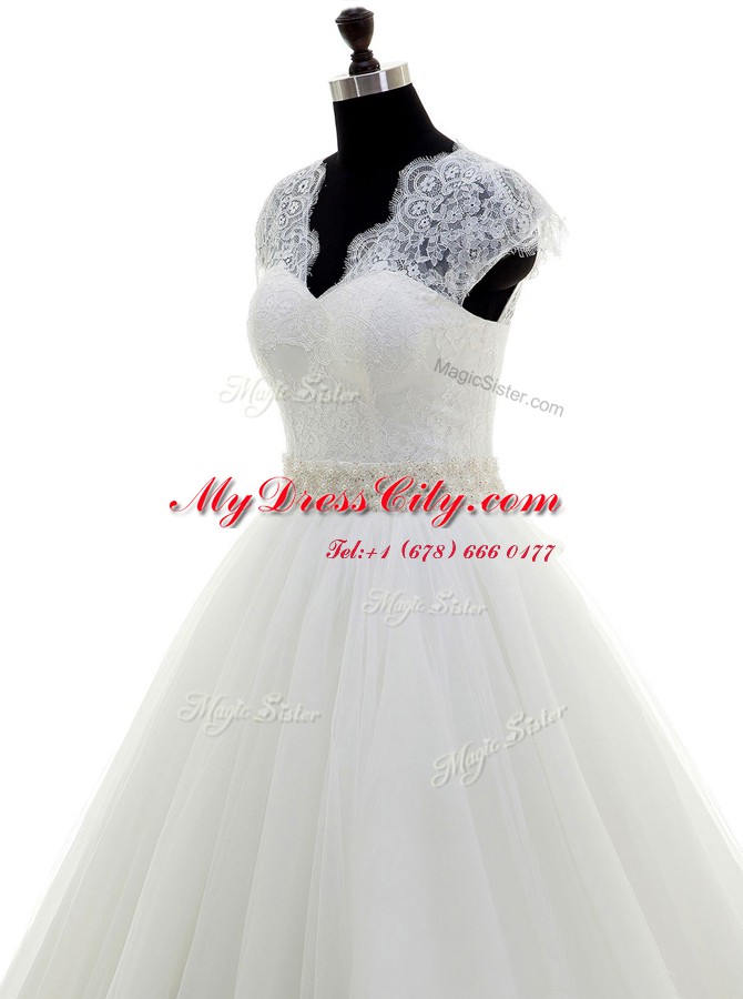 Dramatic White Clasp Handle Wedding Dress Beading and Lace Cap Sleeves With Brush Train