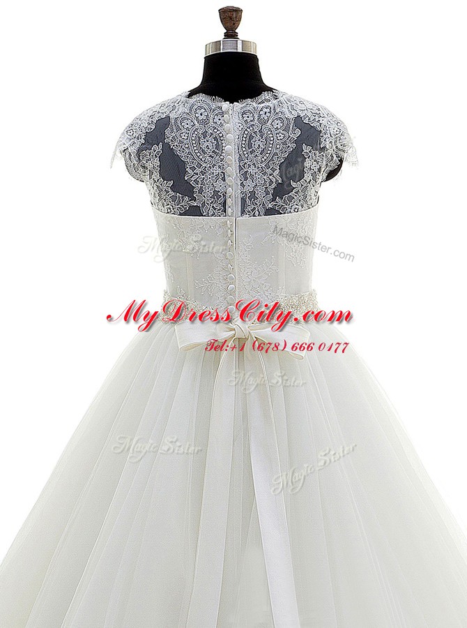 Dramatic White Clasp Handle Wedding Dress Beading and Lace Cap Sleeves With Brush Train