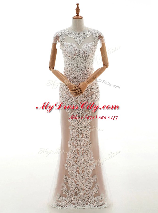 Lace Floor Length Champagne Wedding Dresses High-neck Cap Sleeves Zipper