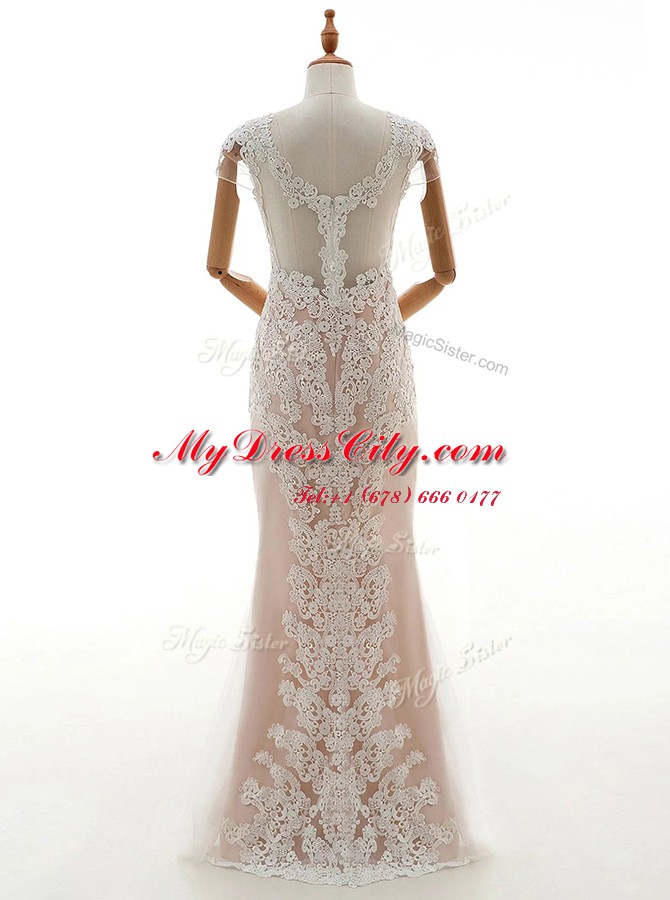 Lace Floor Length Champagne Wedding Dresses High-neck Cap Sleeves Zipper