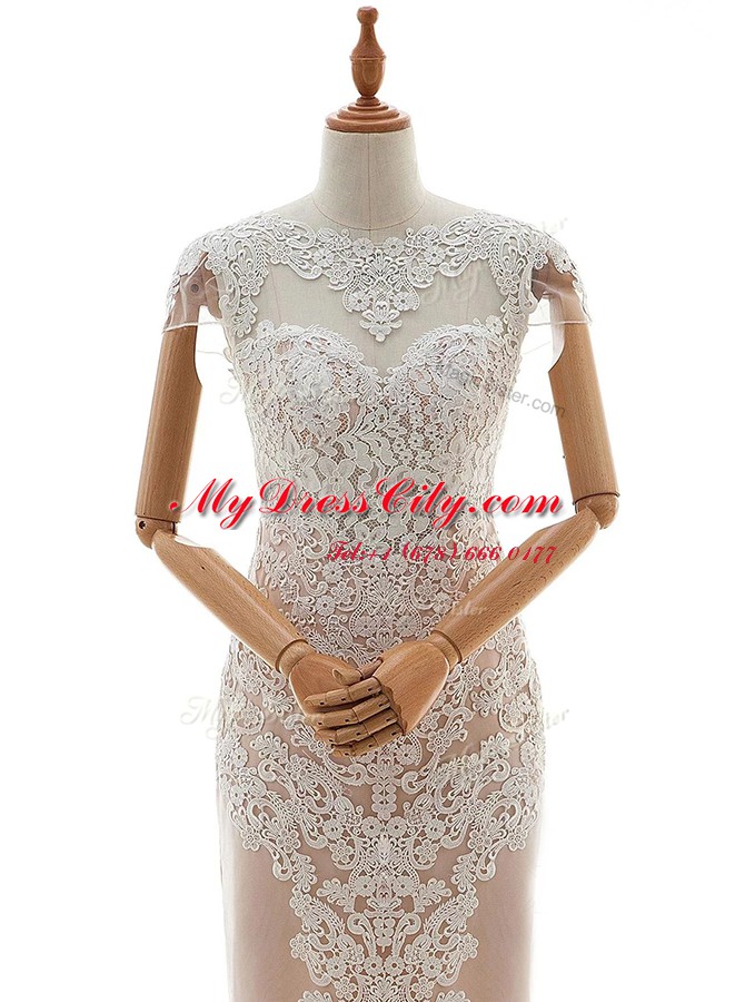 Lace Floor Length Champagne Wedding Dresses High-neck Cap Sleeves Zipper