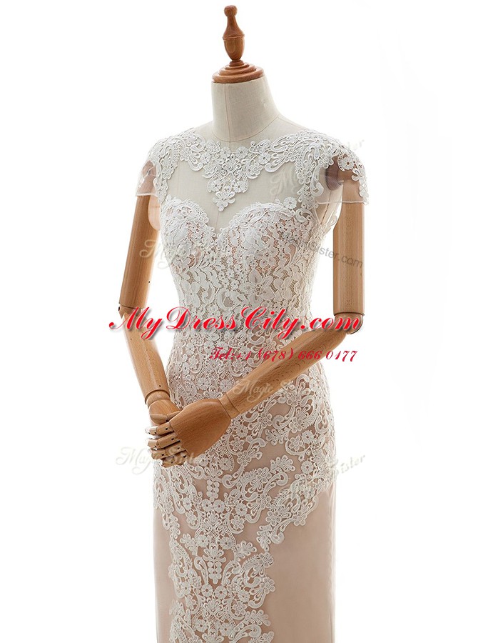 Lace Floor Length Champagne Wedding Dresses High-neck Cap Sleeves Zipper