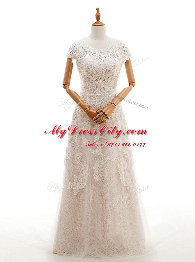 Champagne Column/Sheath Lace Scoop Cap Sleeves Appliques With Train Clasp Handle Bridal Gown Court Train