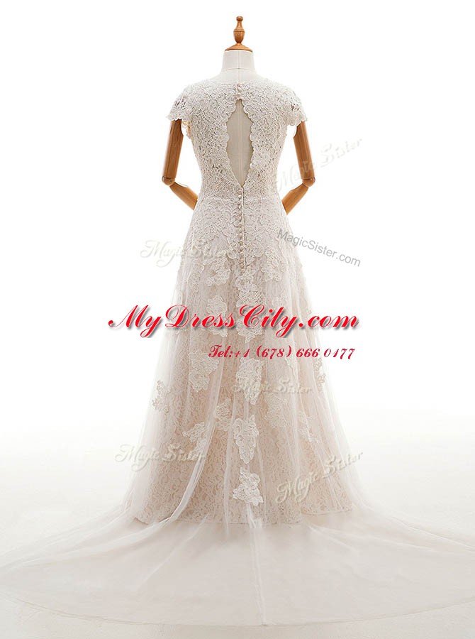 Champagne Column/Sheath Lace Scoop Cap Sleeves Appliques With Train Clasp Handle Bridal Gown Court Train