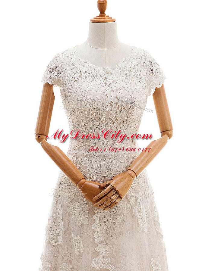 Champagne Column/Sheath Lace Scoop Cap Sleeves Appliques With Train Clasp Handle Bridal Gown Court Train