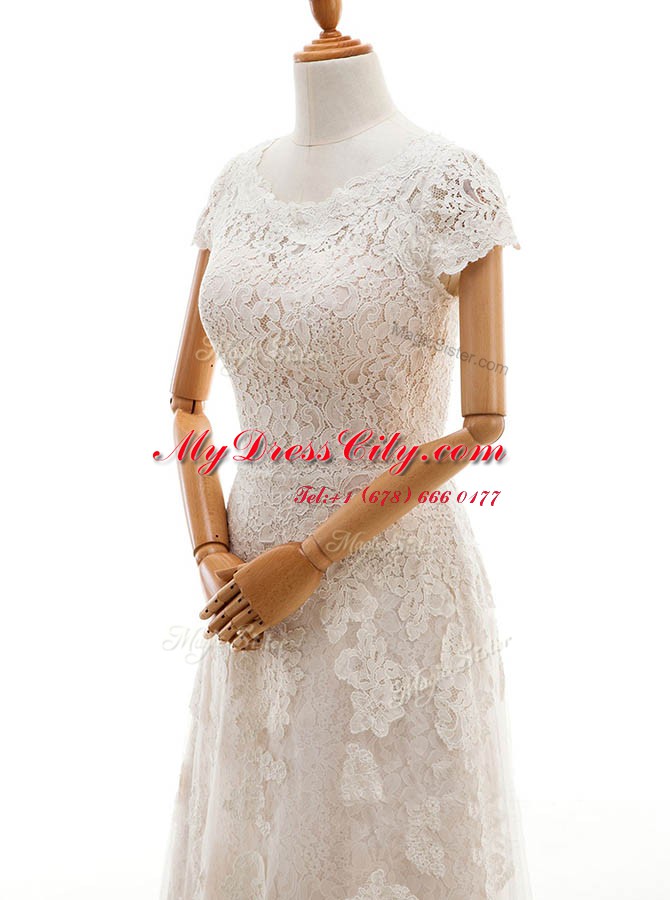 Champagne Column/Sheath Lace Scoop Cap Sleeves Appliques With Train Clasp Handle Bridal Gown Court Train