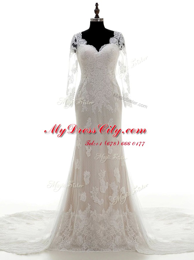 Traditional V-neck 3 4 Length Sleeve Wedding Dresses With Train Court Train Lace and Appliques White Lace