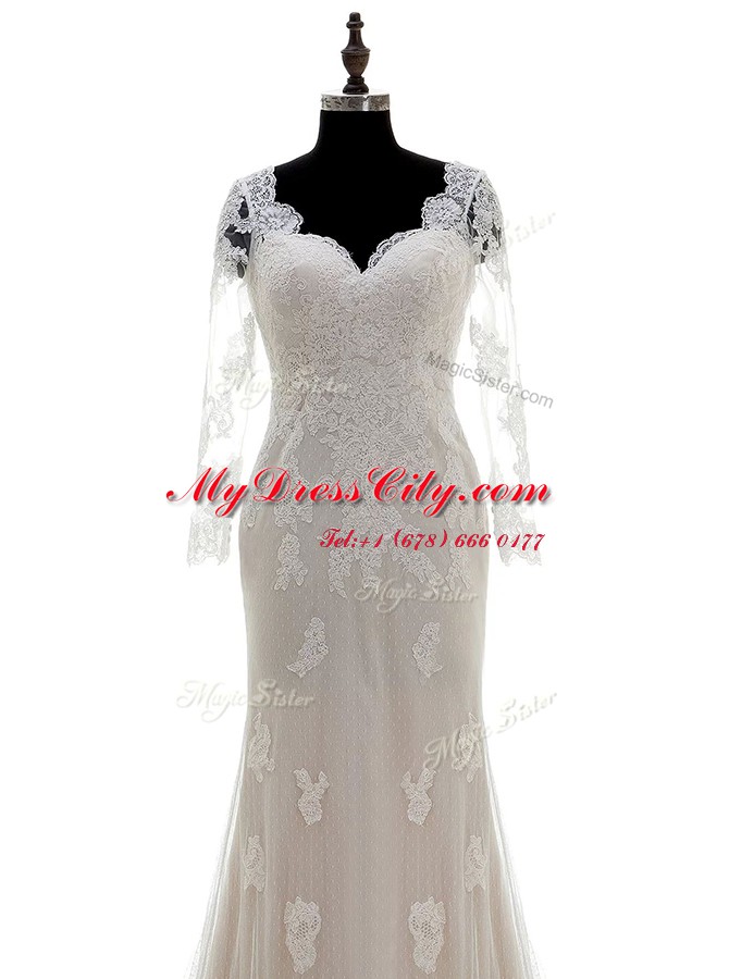 Traditional V-neck 3 4 Length Sleeve Wedding Dresses With Train Court Train Lace and Appliques White Lace