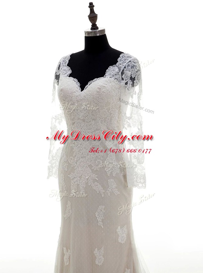 Traditional V-neck 3 4 Length Sleeve Wedding Dresses With Train Court Train Lace and Appliques White Lace