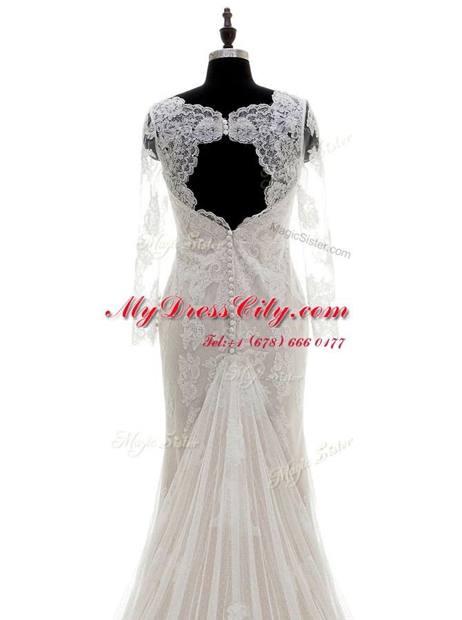 Traditional V-neck 3 4 Length Sleeve Wedding Dresses With Train Court Train Lace and Appliques White Lace