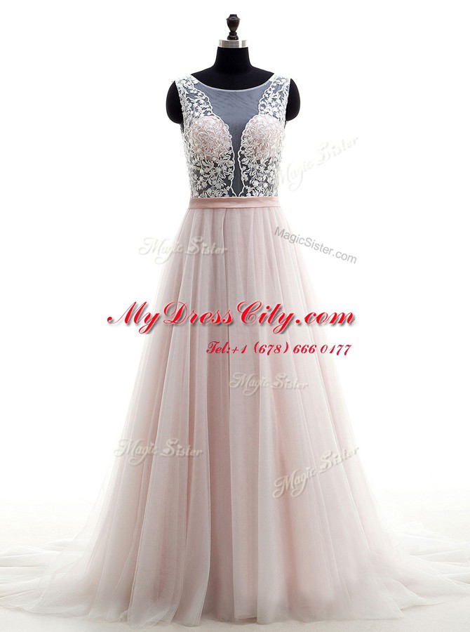 Fashion Scoop Sleeveless Brush Train Clasp Handle Bridal Gown Pink Tulle