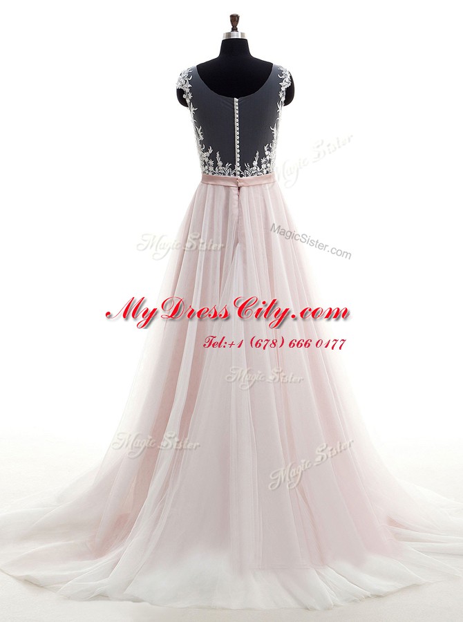 Fashion Scoop Sleeveless Brush Train Clasp Handle Bridal Gown Pink Tulle