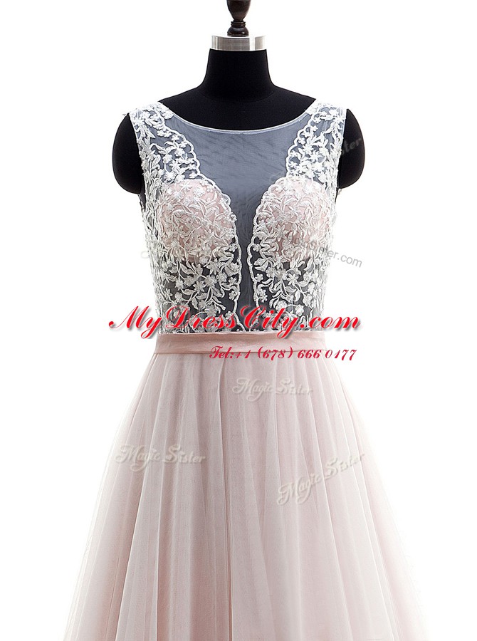 Fashion Scoop Sleeveless Brush Train Clasp Handle Bridal Gown Pink Tulle