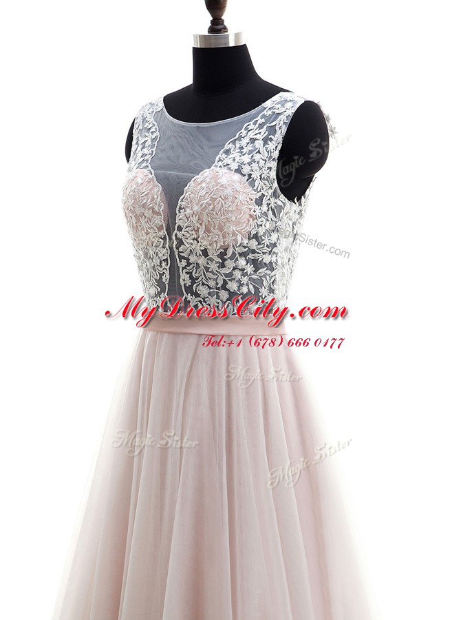 Fashion Scoop Sleeveless Brush Train Clasp Handle Bridal Gown Pink Tulle