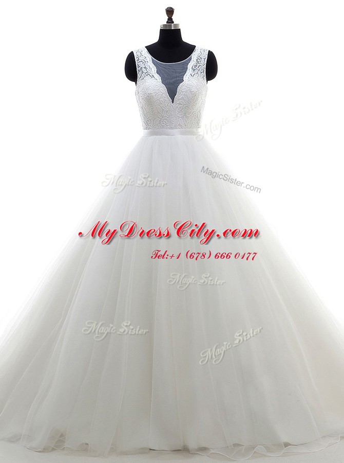 Clearance Scoop Tulle Sleeveless With Train Wedding Dresses Brush Train and Lace