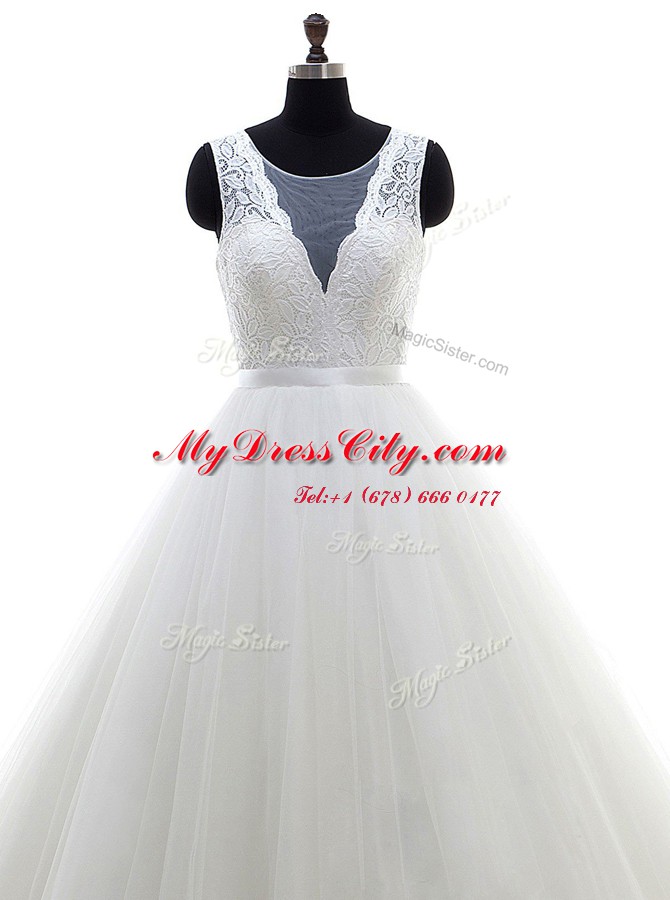 Clearance Scoop Tulle Sleeveless With Train Wedding Dresses Brush Train and Lace