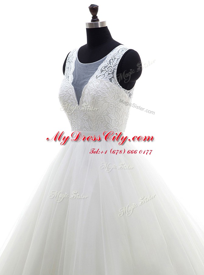 Clearance Scoop Tulle Sleeveless With Train Wedding Dresses Brush Train and Lace