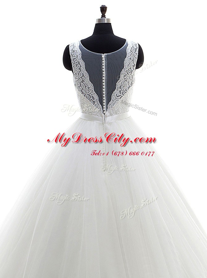 Clearance Scoop Tulle Sleeveless With Train Wedding Dresses Brush Train and Lace