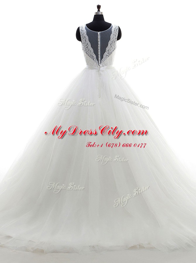 Clearance Scoop Tulle Sleeveless With Train Wedding Dresses Brush Train and Lace