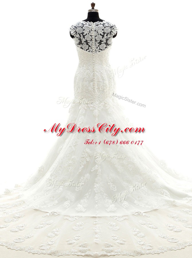 Mermaid Scoop Lace Sleeveless With Train Bridal Gown Court Train and Appliques