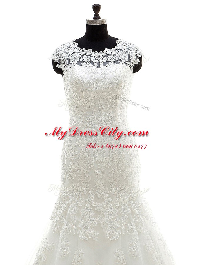 Mermaid Scoop Lace Sleeveless With Train Bridal Gown Court Train and Appliques