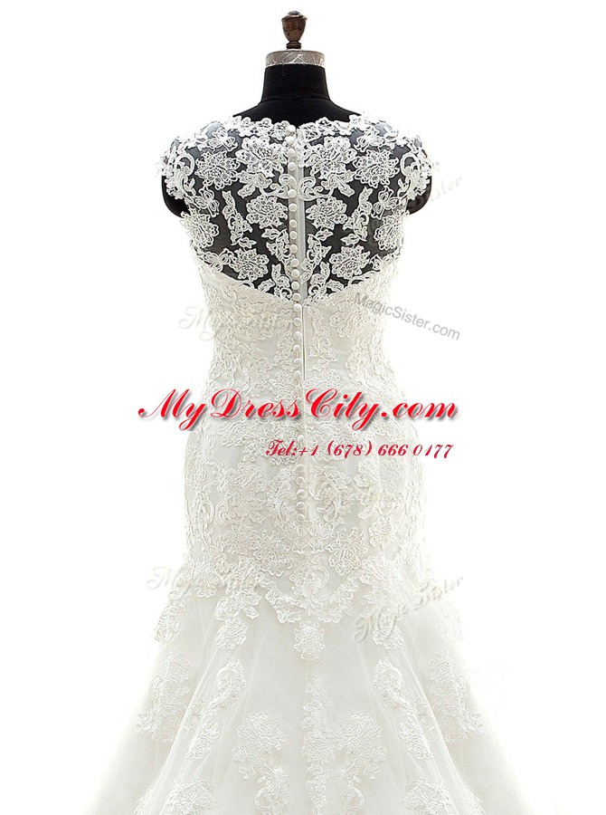 Mermaid Scoop Lace Sleeveless With Train Bridal Gown Court Train and Appliques